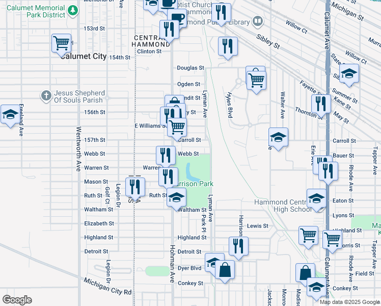 map of restaurants, bars, coffee shops, grocery stores, and more near 236 Carroll St in Hammond