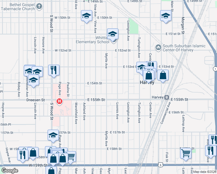 map of restaurants, bars, coffee shops, grocery stores, and more near 61 East 154th Street in Harvey