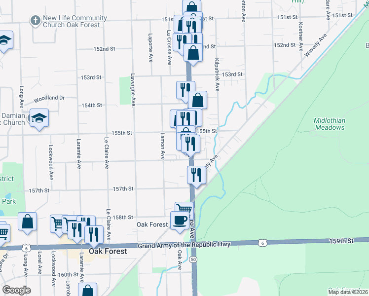 map of restaurants, bars, coffee shops, grocery stores, and more near 4815 155th Street in Oak Forest