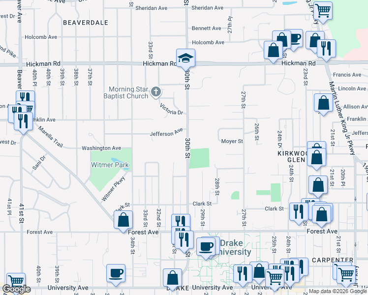 map of restaurants, bars, coffee shops, grocery stores, and more near 1726 30th Street in Des Moines