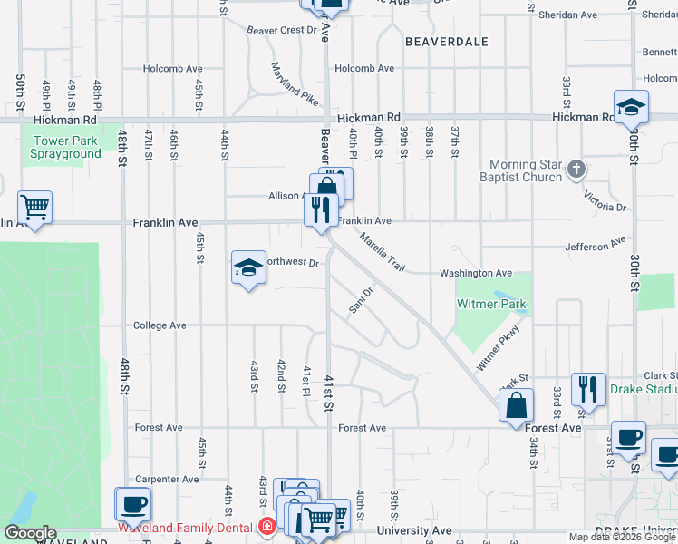 map of restaurants, bars, coffee shops, grocery stores, and more near 1736 Beaver Avenue in Des Moines