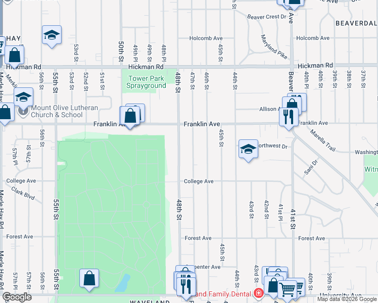 map of restaurants, bars, coffee shops, grocery stores, and more near 1733 48th Street in Des Moines