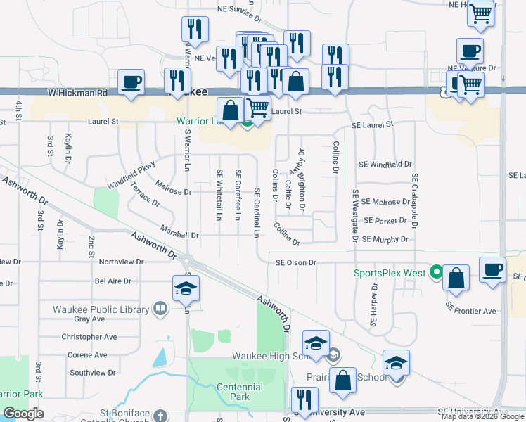 map of restaurants, bars, coffee shops, grocery stores, and more near 838 Collins Drive in Waukee