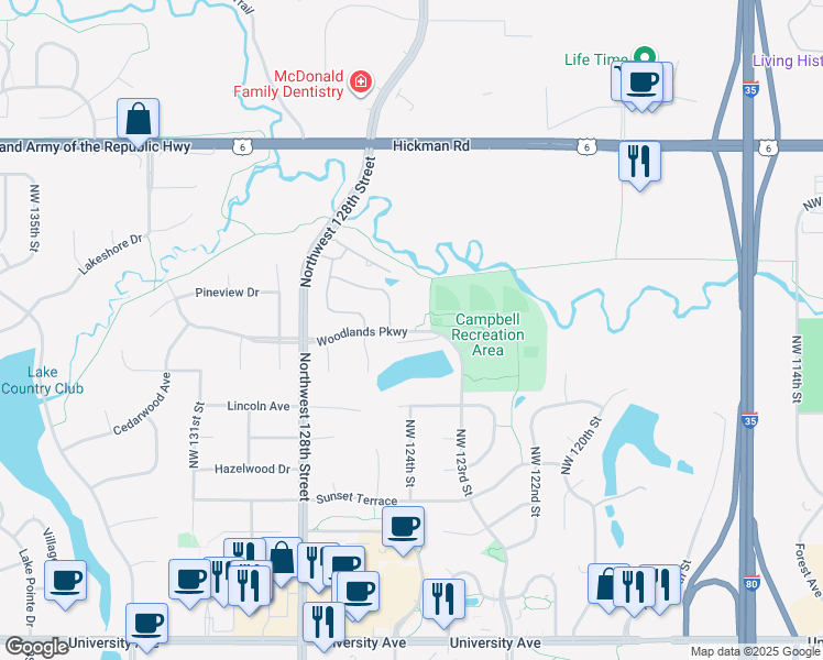map of restaurants, bars, coffee shops, grocery stores, and more near 9 Woodlands Parkway in Clive