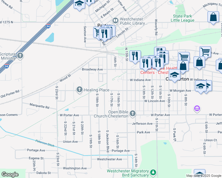 map of restaurants, bars, coffee shops, grocery stores, and more near Prairie Duneland Trail in Chesterton