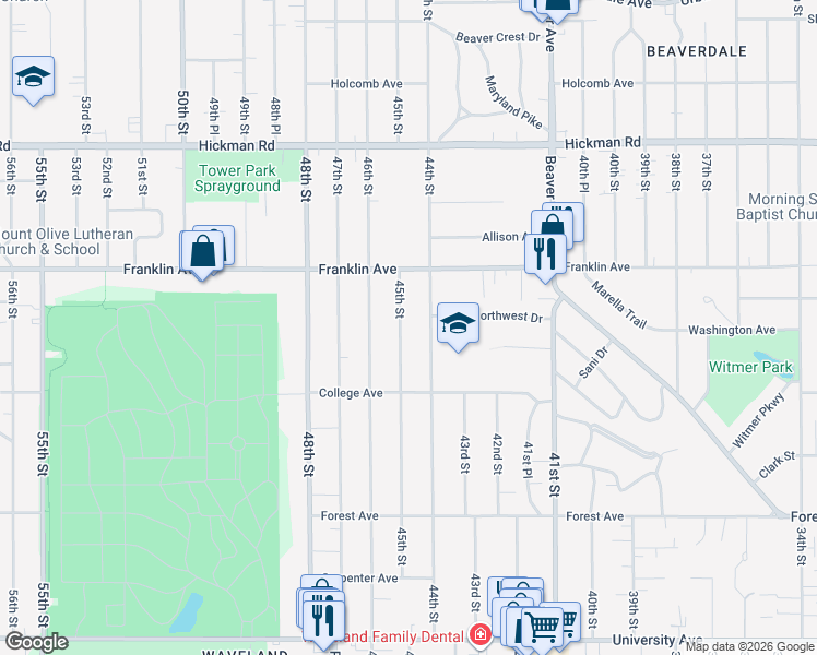 map of restaurants, bars, coffee shops, grocery stores, and more near 1732 44th Street in Des Moines
