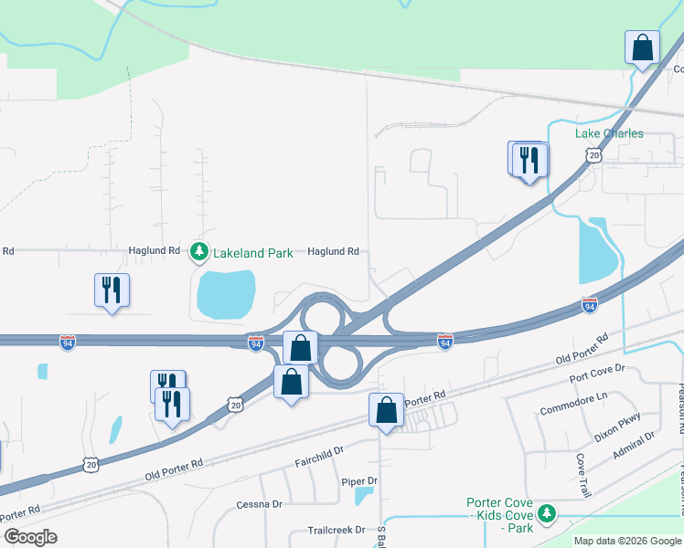 map of restaurants, bars, coffee shops, grocery stores, and more near 214 Haglund Road in Chesterton