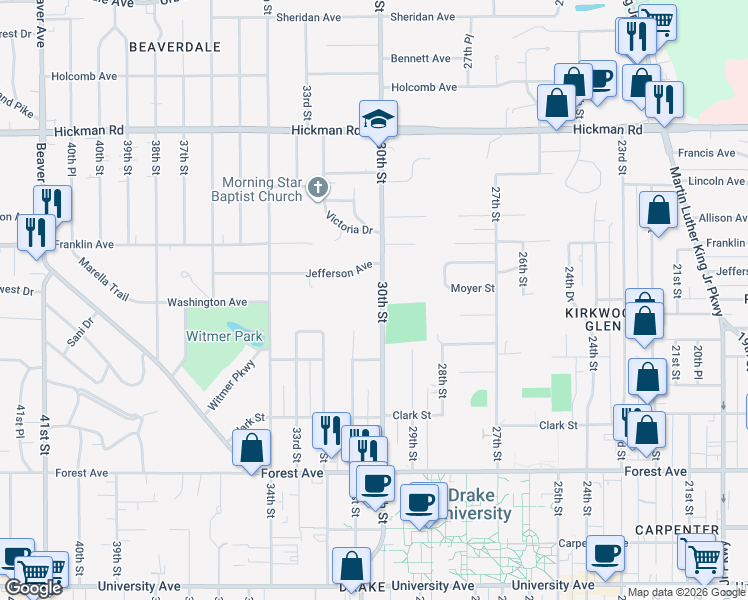 map of restaurants, bars, coffee shops, grocery stores, and more near 1726 30th Street in Des Moines