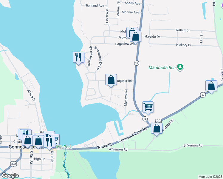 map of restaurants, bars, coffee shops, grocery stores, and more near 11957 Choctaw Trail in Conneaut Lake