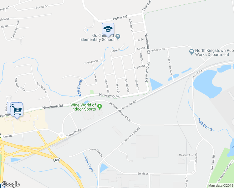 map of restaurants, bars, coffee shops, grocery stores, and more near 16 Mark Drive in North Kingstown