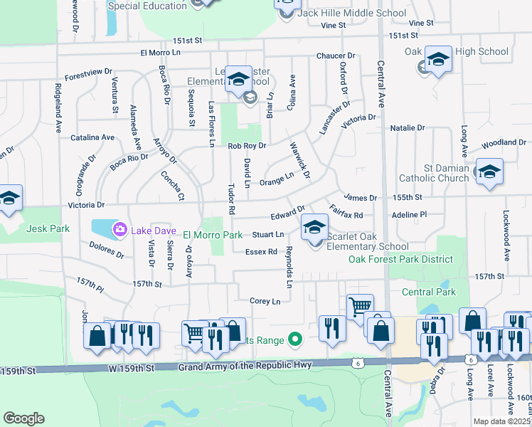map of restaurants, bars, coffee shops, grocery stores, and more near 5844 Edward Drive in Oak Forest