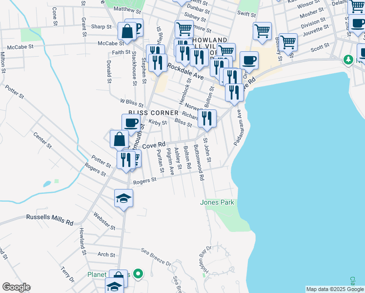 map of restaurants, bars, coffee shops, grocery stores, and more near 30 Cove Road in Dartmouth