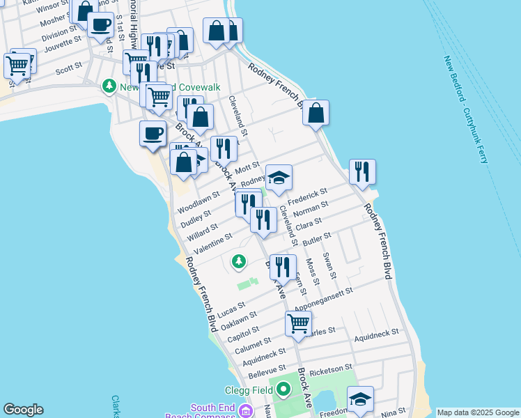 map of restaurants, bars, coffee shops, grocery stores, and more near 674-676 Brock Avenue in New Bedford