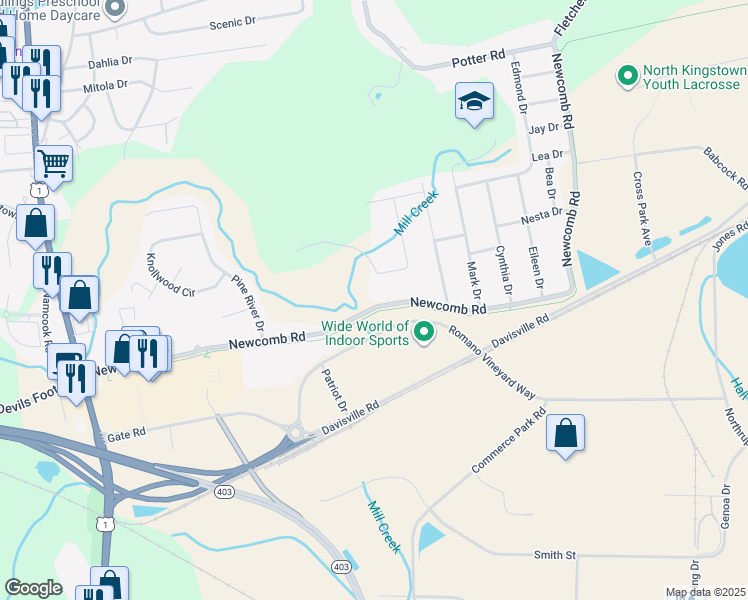 map of restaurants, bars, coffee shops, grocery stores, and more near 116 Jerry Lane in North Kingstown
