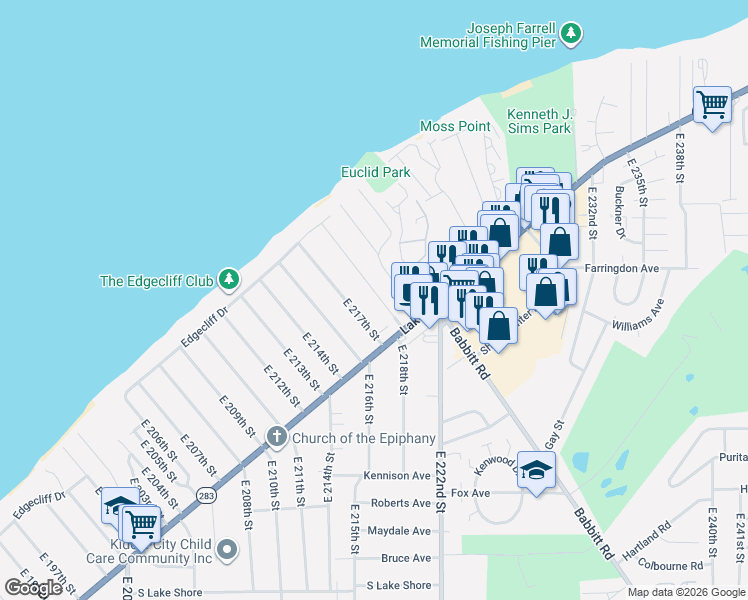 map of restaurants, bars, coffee shops, grocery stores, and more near 131 East 219th Street in Euclid
