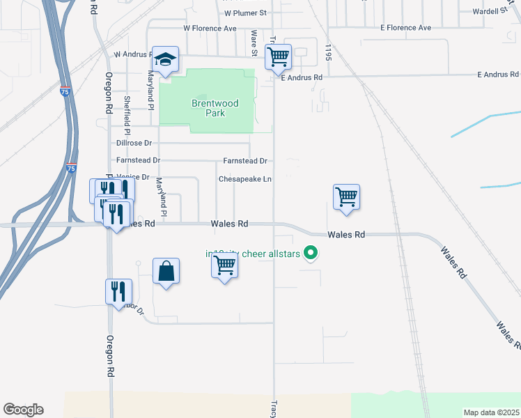 map of restaurants, bars, coffee shops, grocery stores, and more near 2434 Tracy Road in Northwood