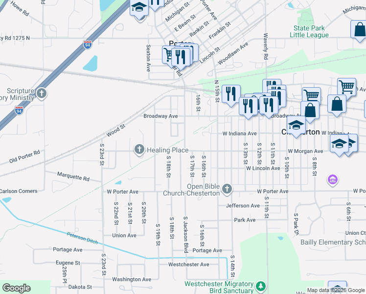 map of restaurants, bars, coffee shops, grocery stores, and more near Prairie Duneland Trail in Chesterton
