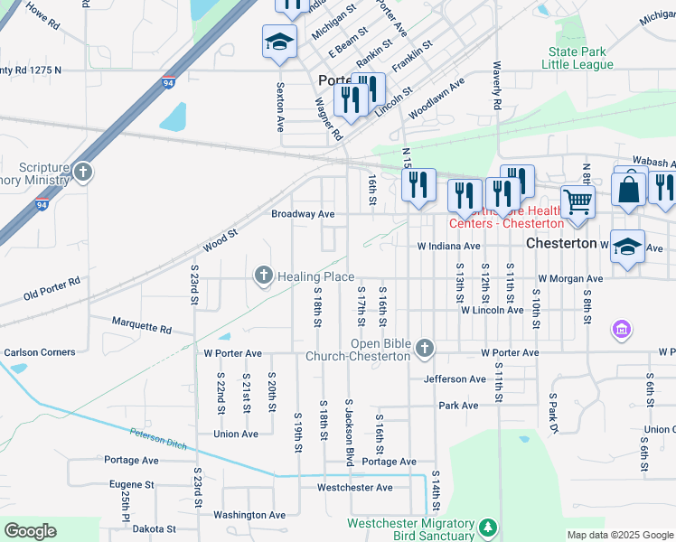 map of restaurants, bars, coffee shops, grocery stores, and more near Prairie Duneland Trail in Chesterton