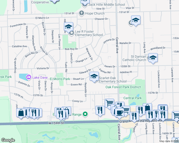 map of restaurants, bars, coffee shops, grocery stores, and more near 15510 Albert Drive in Oak Forest