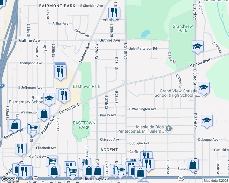 map of restaurants, bars, coffee shops, grocery stores, and more near 2801 Easton Boulevard in Des Moines
