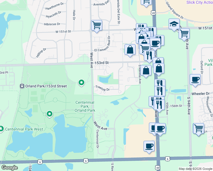 map of restaurants, bars, coffee shops, grocery stores, and more near 9910 Treetop Drive in Orland Park