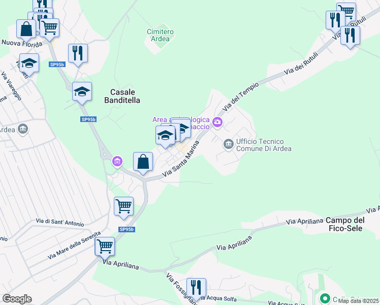 map of restaurants, bars, coffee shops, grocery stores, and more near Via dei Rutuli in Ardea