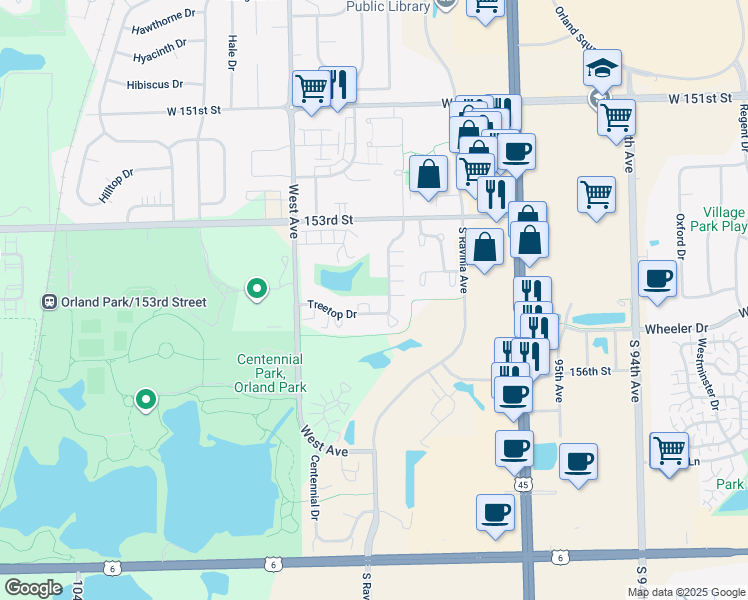 map of restaurants, bars, coffee shops, grocery stores, and more near 9826 Treetop Drive in Orland Park