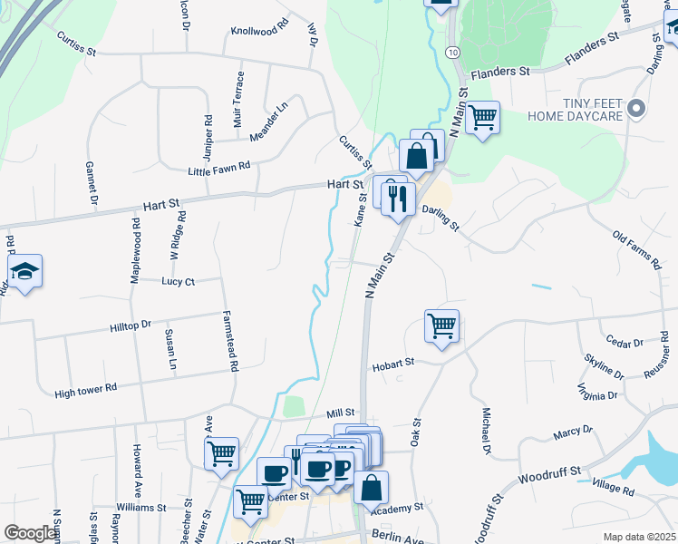map of restaurants, bars, coffee shops, grocery stores, and more near 2 Kane Street in Southington
