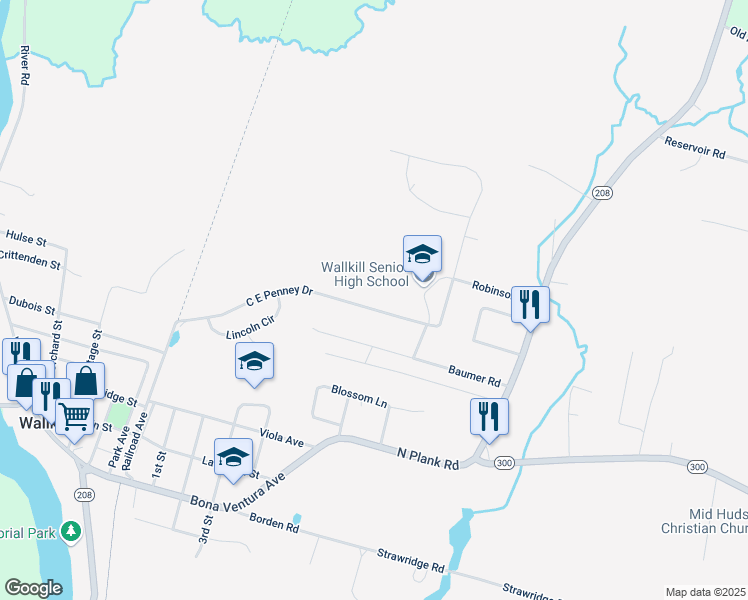 map of restaurants, bars, coffee shops, grocery stores, and more near 77 C E Penney Drive in Wallkill