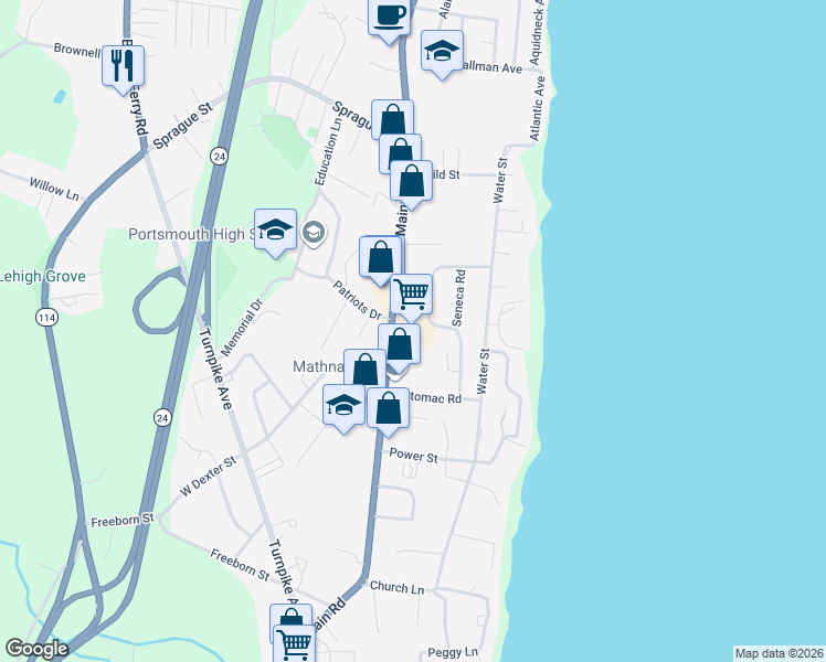 map of restaurants, bars, coffee shops, grocery stores, and more near 3001 East Main Road in Portsmouth