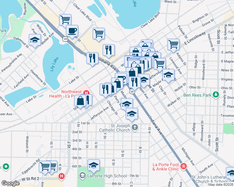 map of restaurants, bars, coffee shops, grocery stores, and more near 1001-1007 Lincoln Highway in La Porte