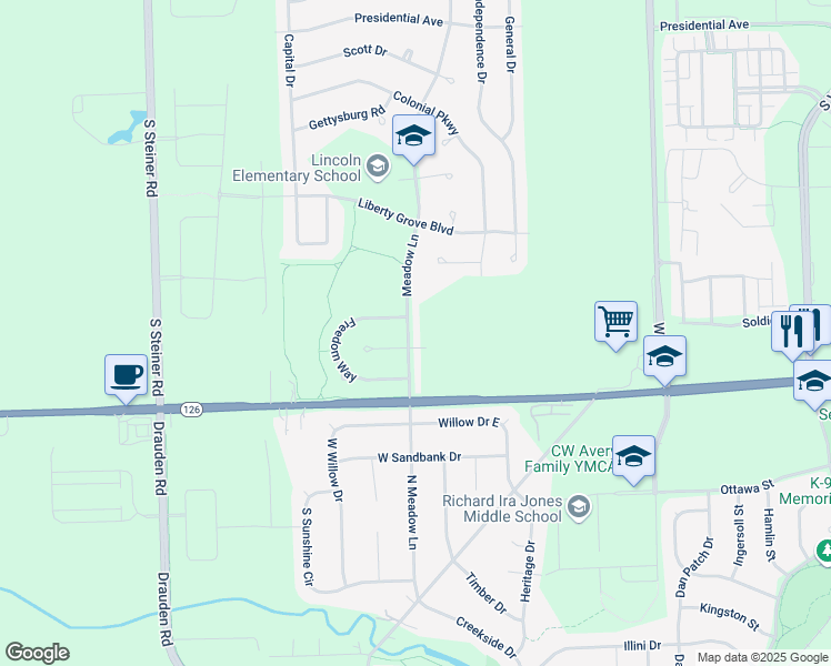 map of restaurants, bars, coffee shops, grocery stores, and more near 15016 Meadow Lane in Plainfield