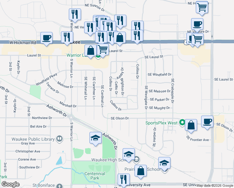 map of restaurants, bars, coffee shops, grocery stores, and more near 820 Brighton Drive in Waukee