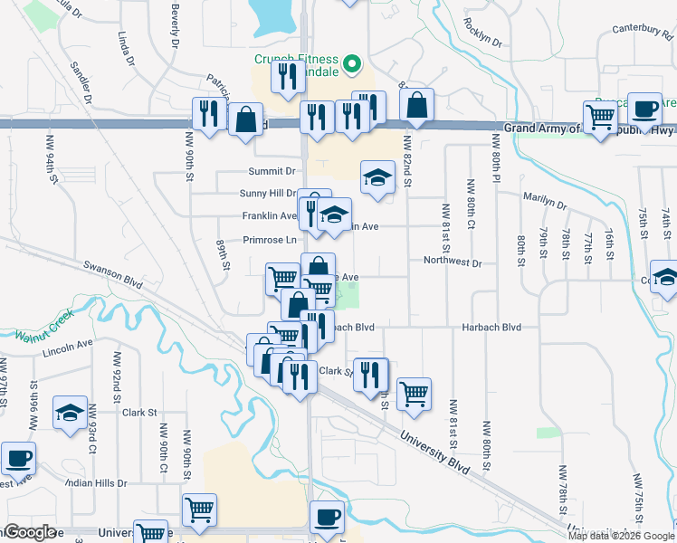 map of restaurants, bars, coffee shops, grocery stores, and more near 8509 Alice Avenue in Clive