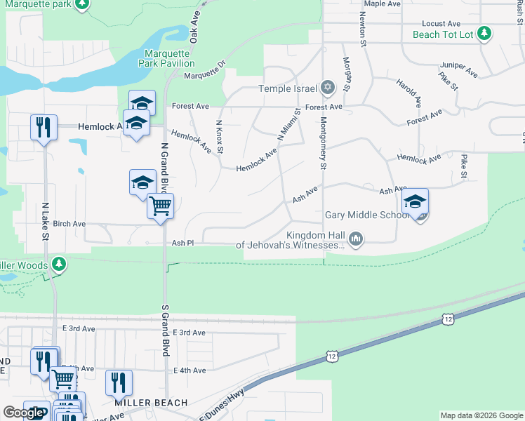 map of restaurants, bars, coffee shops, grocery stores, and more near 6960 Ash Avenue in Gary