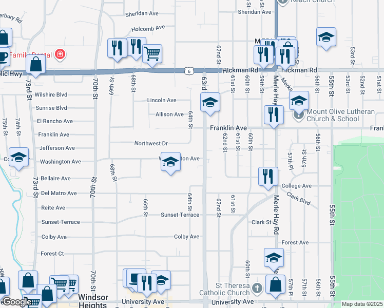 map of restaurants, bars, coffee shops, grocery stores, and more near 6402 Northwest Drive in Windsor Heights