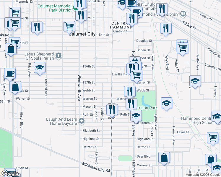 map of restaurants, bars, coffee shops, grocery stores, and more near 4 Carroll Street in Hammond