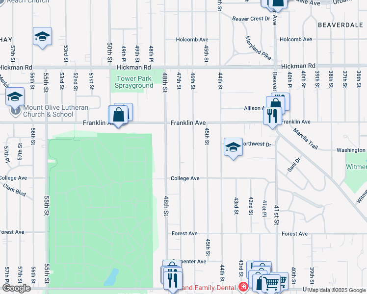 map of restaurants, bars, coffee shops, grocery stores, and more near 1721 47th Street in Des Moines
