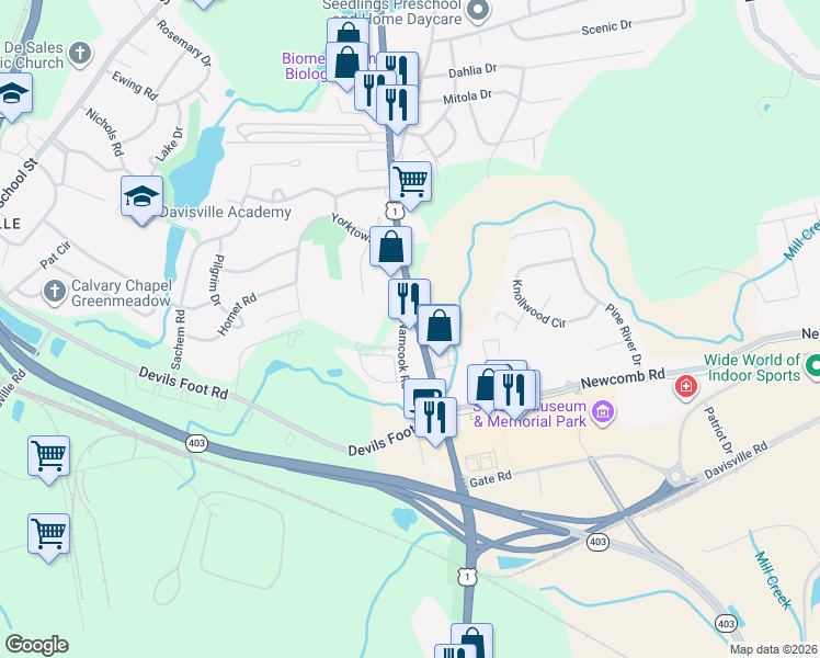 map of restaurants, bars, coffee shops, grocery stores, and more near 6899 U.S. 1 in North Kingstown