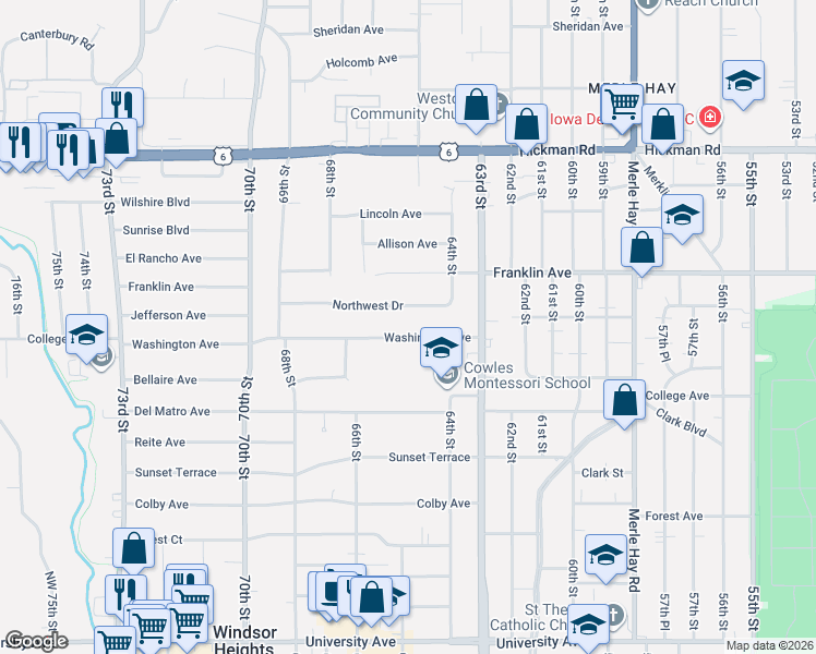 map of restaurants, bars, coffee shops, grocery stores, and more near 6416 Northwest Drive in Windsor Heights
