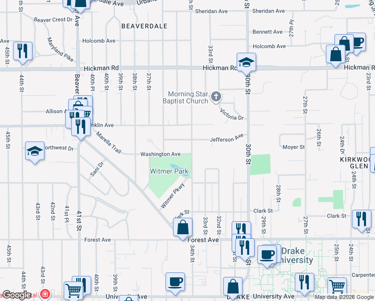 map of restaurants, bars, coffee shops, grocery stores, and more near 1715 34th Street in Des Moines