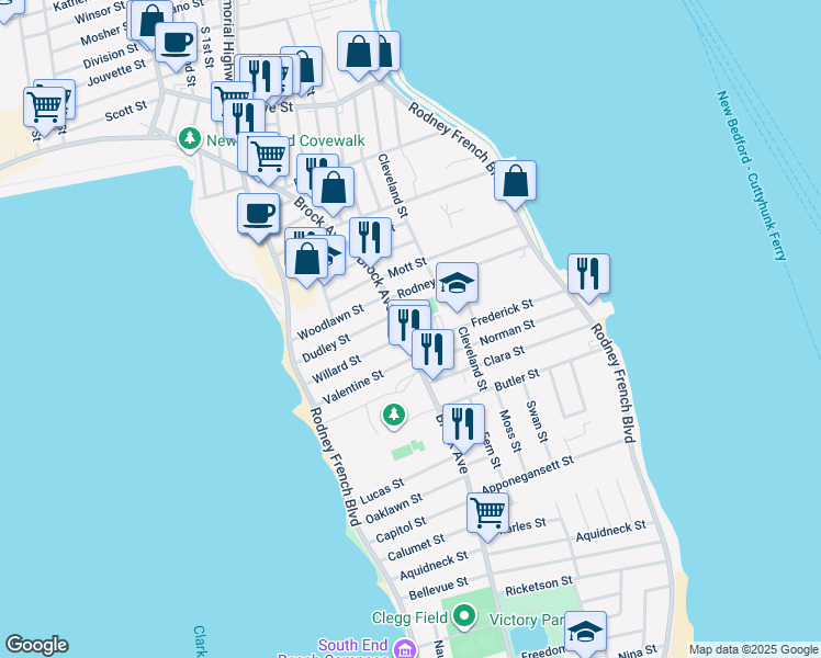 map of restaurants, bars, coffee shops, grocery stores, and more near 674-676 Brock Avenue in New Bedford