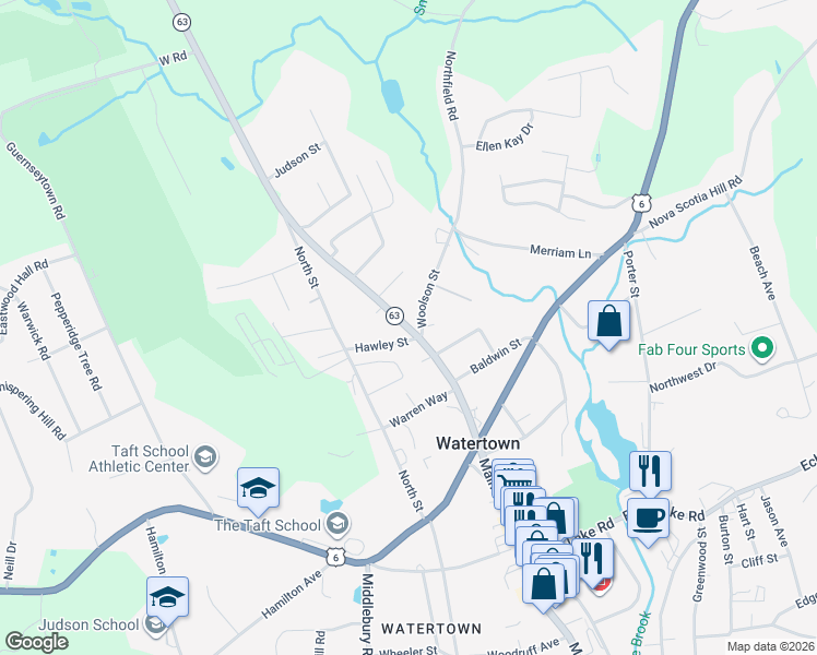 map of restaurants, bars, coffee shops, grocery stores, and more near 22 Woolson Street in Watertown