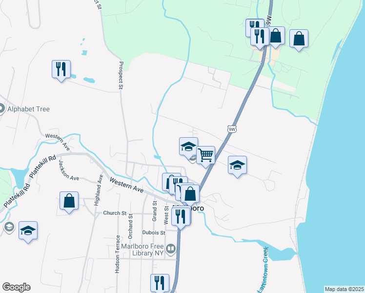 map of restaurants, bars, coffee shops, grocery stores, and more near 18 Birdsall Avenue in Marlboro