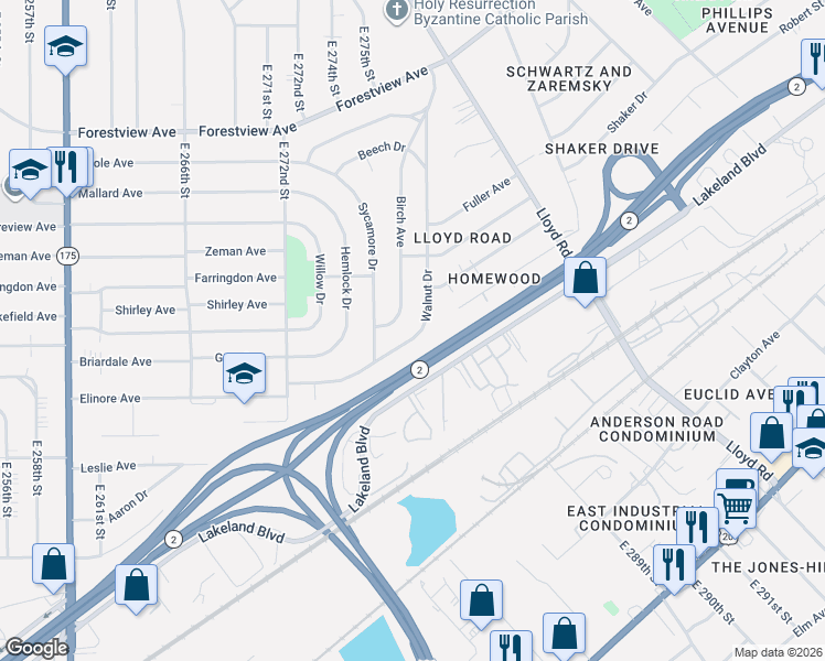 map of restaurants, bars, coffee shops, grocery stores, and more near 683 Walnut Drive in Euclid