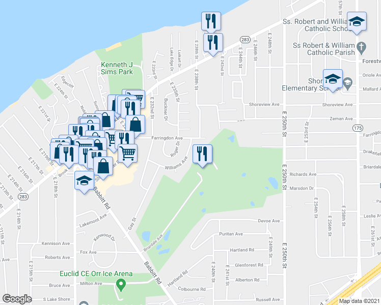 map of restaurants, bars, coffee shops, grocery stores, and more near 23335 Williams Avenue in Euclid