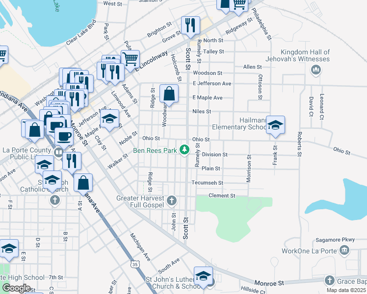 map of restaurants, bars, coffee shops, grocery stores, and more near 109 John St in La Porte
