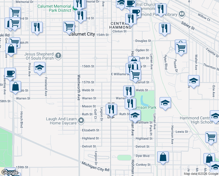 map of restaurants, bars, coffee shops, grocery stores, and more near 4 Carroll Street in Hammond