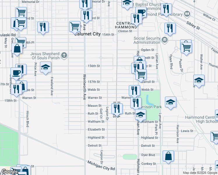 map of restaurants, bars, coffee shops, grocery stores, and more near 11 157th Street in Calumet City