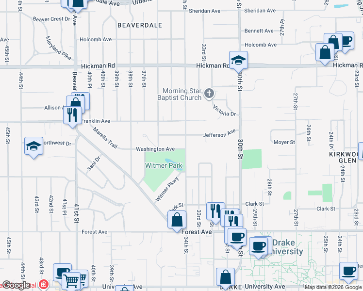 map of restaurants, bars, coffee shops, grocery stores, and more near 1715 34th Street in Des Moines